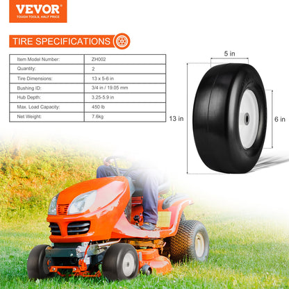 Lawnmower Tires with Rim, 13x5-6" Tubeless Tractor Tires, 2-Pack Tires and Wheel Assembly, Flat-Free PU Tires, 3.25"-5.9" Centered Hub, 3/4" Bushing Size, 20 PCS Adapter for Lawnmower Tractors