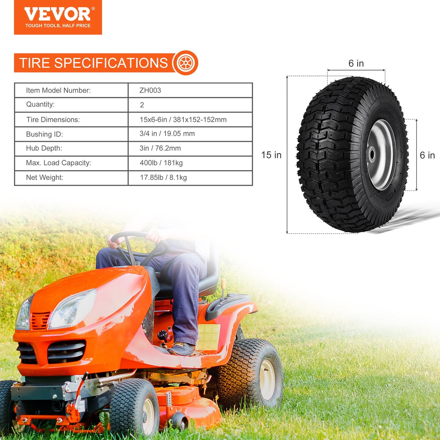 Lawn Mower Tires, 15x6-6" Lawn Tractor Tires, 2-Pack Tire and Wheel Assemblies, Turf Pneumatic Tires with 3" Centered Hub and 3/4" Bushing Size, 16 PCS Adapters for Riding Mowers Lawn Tractors