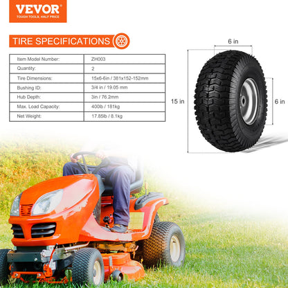 Lawn Mower Tires, 15x6-6" Lawn Tractor Tires, 2-Pack Tire and Wheel Assemblies, Turf Pneumatic Tires with 3" Centered Hub and 3/4" Bushing Size, 16 PCS Adapters for Riding Mowers Lawn Tractors