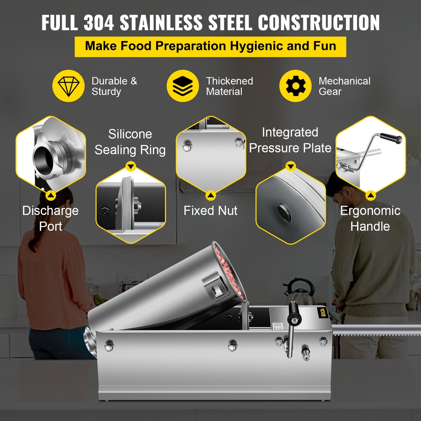 Manual Sausage Stuffer, 5 L / 11 LBS Horizontal Sausage Machine, Dual-Speed Meat Stuffer, Made of Food-Grade 304 Stainless Steel, Includes 5 Stuffing Tubes, for Home Kitchen Restaurant Commercia