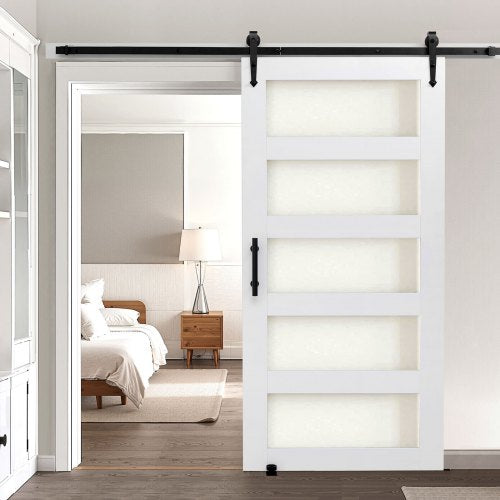 Sliding Barn Door, 42 x 84 inch, High-Strength MDF Panel and Glass, Barn Door with Hardware Kit, Water-Proof PVC Surface, Easy to Install, H-Frame, Smoothly and Quietly Sliding for Living Room