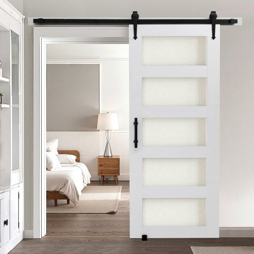 Sliding Barn Door, 32 x 84 inch, High-Strength MDF Panel and Glass, Barn Door with Hardware Kit, Water-Proof PVC Surface, Easy to Install, H-Frame, Smoothly and Quietly Sliding for Living Room