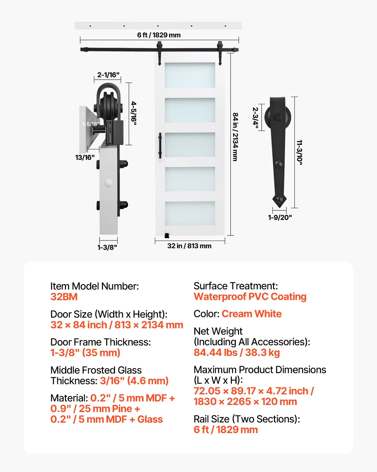 Sliding Barn Door, 32 x 84 inch, High-Strength MDF Panel and Glass, Barn Door with Hardware Kit, Water-Proof PVC Surface, Easy to Install, H-Frame, Smoothly and Quietly Sliding for Living Room
