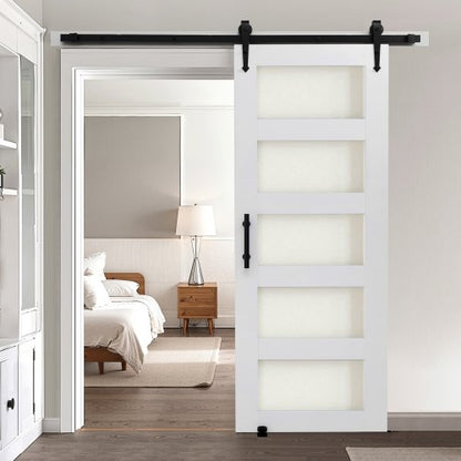 Sliding Barn Door, 30 x 84 inch, High-Strength MDF Panel and Glass, Barn Door with Hardware Kit, Water-Proof PVC Surface, Easy to Install, H-Frame, Smoothly and Quietly Sliding for Living Room
