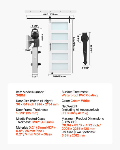 Sliding Barn Door, 36 x 84 inch, High-Strength MDF Panel and Glass, Barn Door with Hardware Kit, Water-Proof PVC Surface, Easy to Install, H-Frame, Smoothly and Quietly Sliding for Living Room