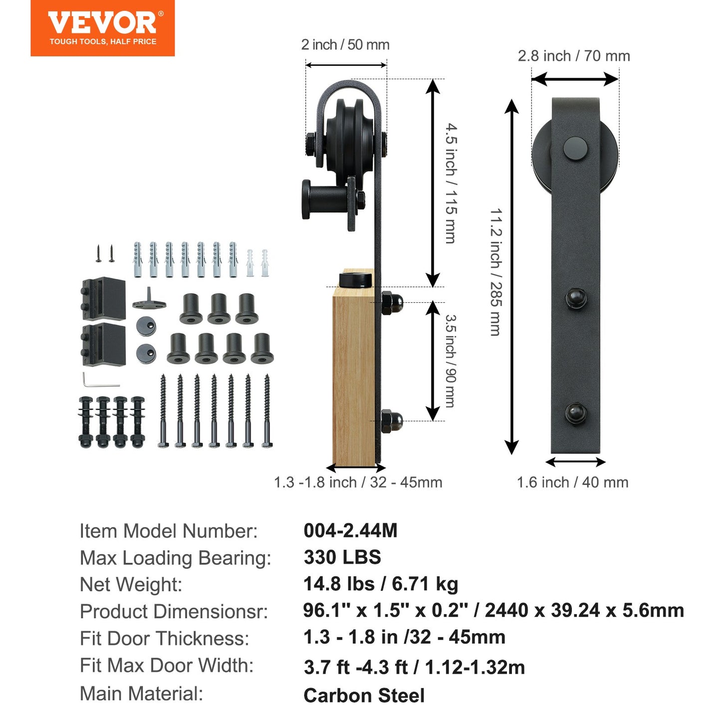 8FT Sliding Barn Door Hardware Kit, 330LBS Loading Heavy Duty Barn Door Track Kit for Single Door, Fit 3.7-4.3FT Wide and 1.3"-1.8" Thick Door Panel, with Smooth & Silent Pulley (J Shape)