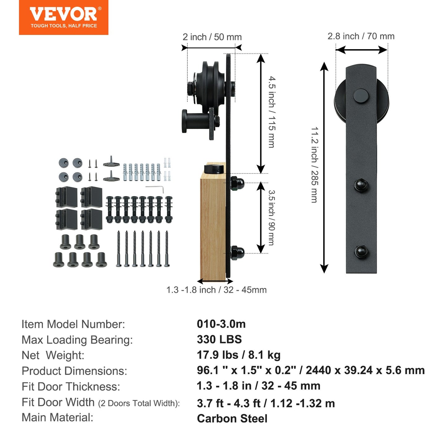 8FT Sliding Barn Door Hardware Kit, 330LBS Heavy Duty Barn Door Track Kit for Double Doors, Fits 3.7-4.3FT Total Wide and 1.3"-1.8" Thick 2-Door Panel, with Smooth and Quiet Pulley (I Shape)