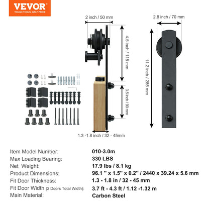 8FT Sliding Barn Door Hardware Kit, 330LBS Heavy Duty Barn Door Track Kit for Double Doors, Fits 3.7-4.3FT Total Wide and 1.3"-1.8" Thick 2-Door Panel, with Smooth and Quiet Pulley (I Shape)