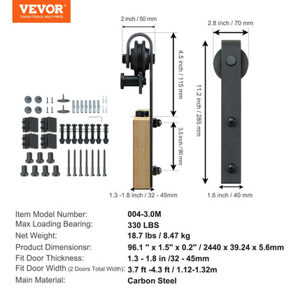 8FT Sliding Barn Door Hardware Kit, 330LBS Heavy Duty Barn Door Track Kit for Double Doors, Fit 3.7-4.3FT Total Wide and 1.3"-1.8" Thick 2 Door Panel, with Smooth & Silent Pulley (J Shape)