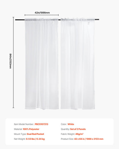 Sheer Curtains, 84 inches Long, 2 Panels Set Sheer White Curtains, Each 42" W x 84" L, Dual Rod Pocket Installation, 100% Polyester Window Drapes for Bedroom, Living Room, Balcony, Yard