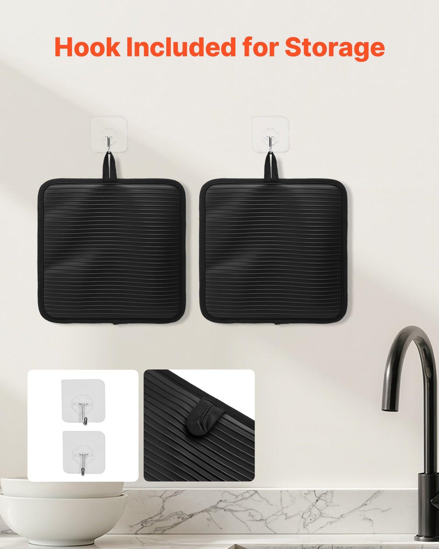 Pot Holders, Heat Resistant to 500°F with Ribbed Soft Anti-Slip Silicone Strips, 100% Cotton 9.06 x 8.98 inch Hot Pads with 2 No-Marks Hooks, Washable Pot Trivets for Kitchen & Barbeque, 2 Pack