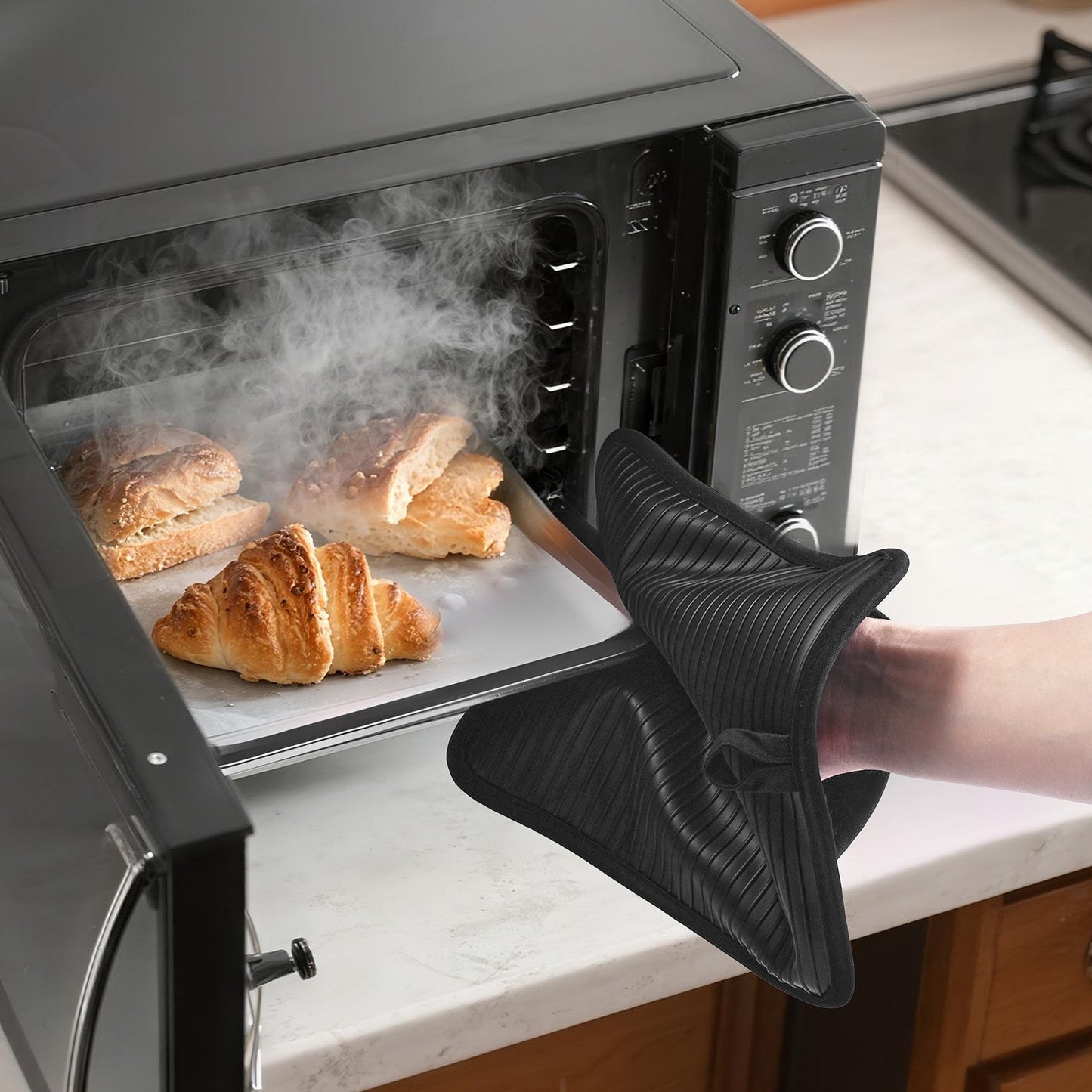 Pot Holders, Heat Resistant to 500°F with Ribbed Soft Anti-Slip Silicone Strips, 100% Cotton 9.06 x 8.98 inch Hot Pads with 2 No-Marks Hooks, Washable Pot Trivets for Kitchen & Barbeque, 2 Pack