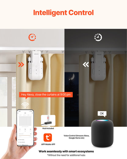 Automatic Curtain Opener, APP and Remote Control, Hub Included, Electric Smart Curtain Opener Compatible with Alexa and Google Home, Timed Opening and Closing, for U-shaped/I-shaped Rails