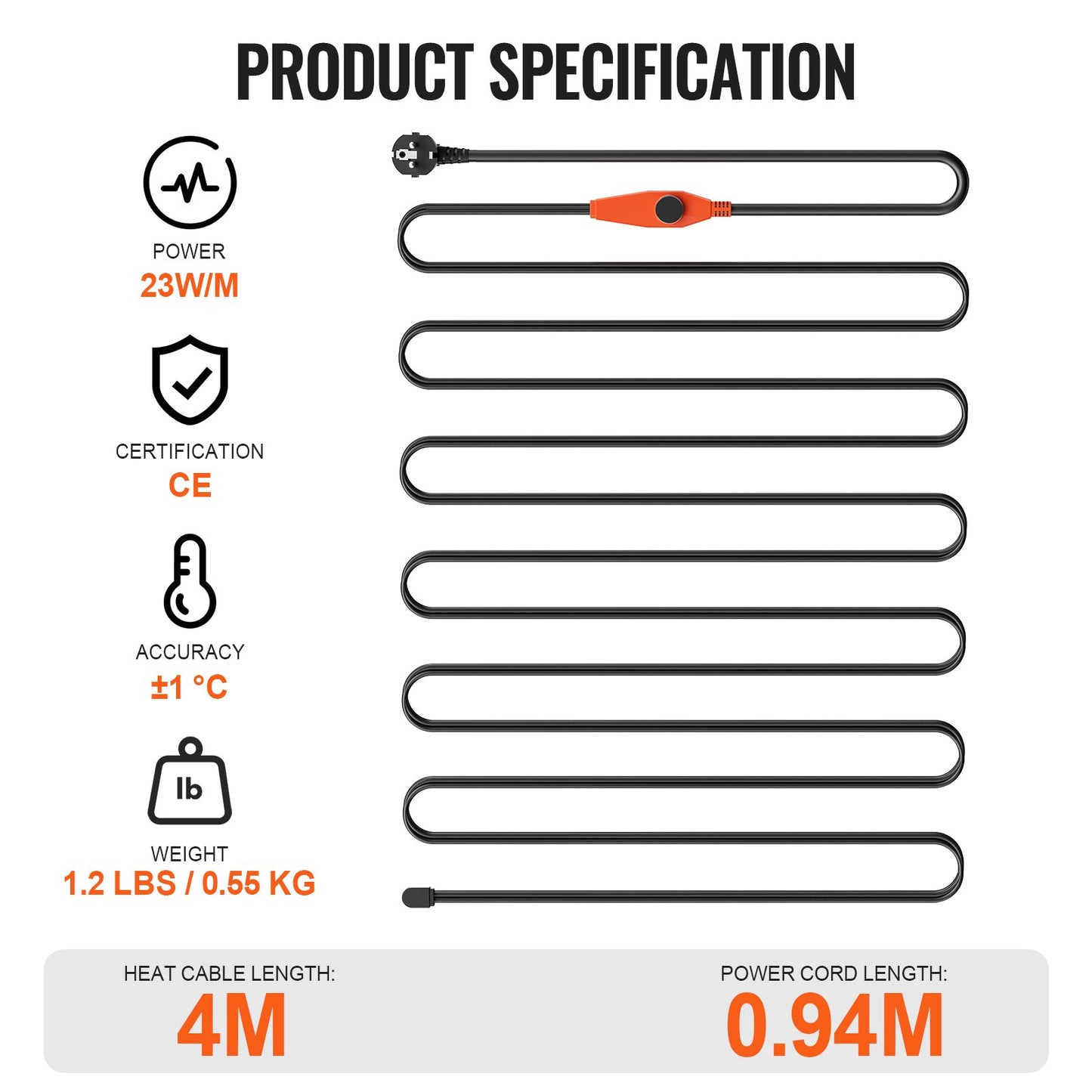 Pipe heating cable 4m 23W/m heating tape for pipes with built-in thermostat