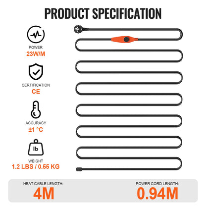 Pipe heating cable 4m 23W/m heating tape for pipes with built-in thermostat