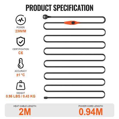 Pipe heating cable 2m 23W/m heating tape for pipes with built-in thermostat