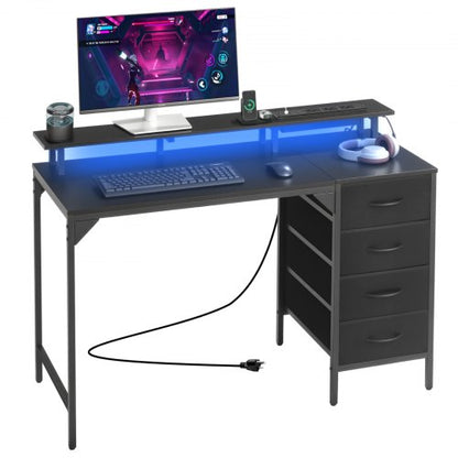 47" Computer Desk with LED Lights & Power Outlets, Gaming Table with 4 Large Drawers, Office Desk with Monitor Stand, Study Work Home Office, Small Spaces, Black