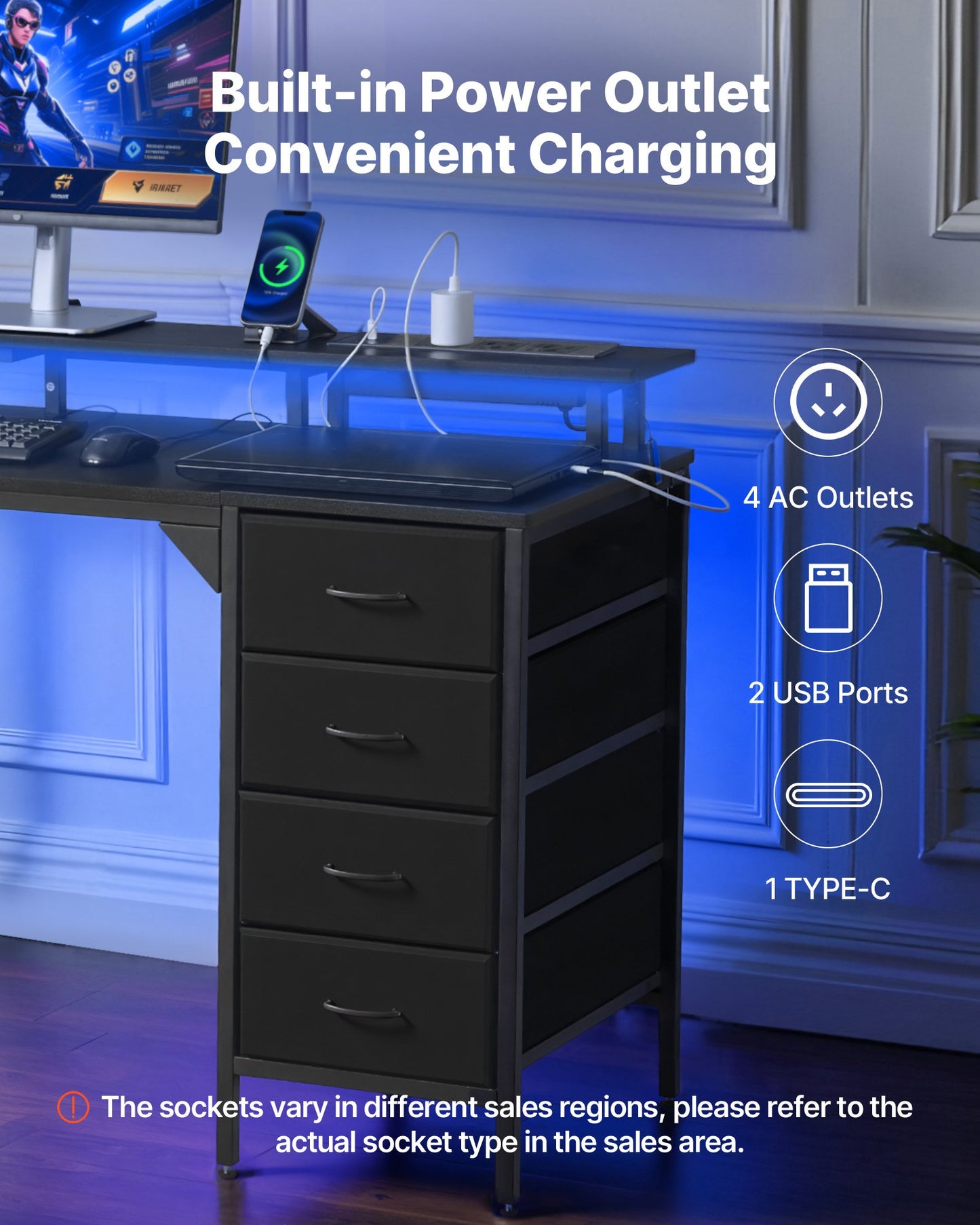 47" Computer Desk with LED Lights & Power Outlets, Gaming Table with 4 Large Drawers, Office Desk with Monitor Stand, Study Work Home Office, Small Spaces, Black