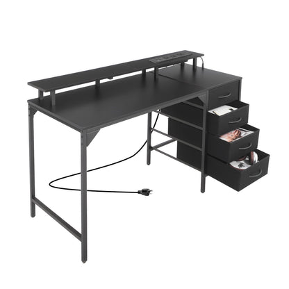 47" Computer Desk with LED Lights & Power Outlets, Gaming Table with 4 Large Drawers, Office Desk with Monitor Stand, Study Work Home Office, Small Spaces, Black