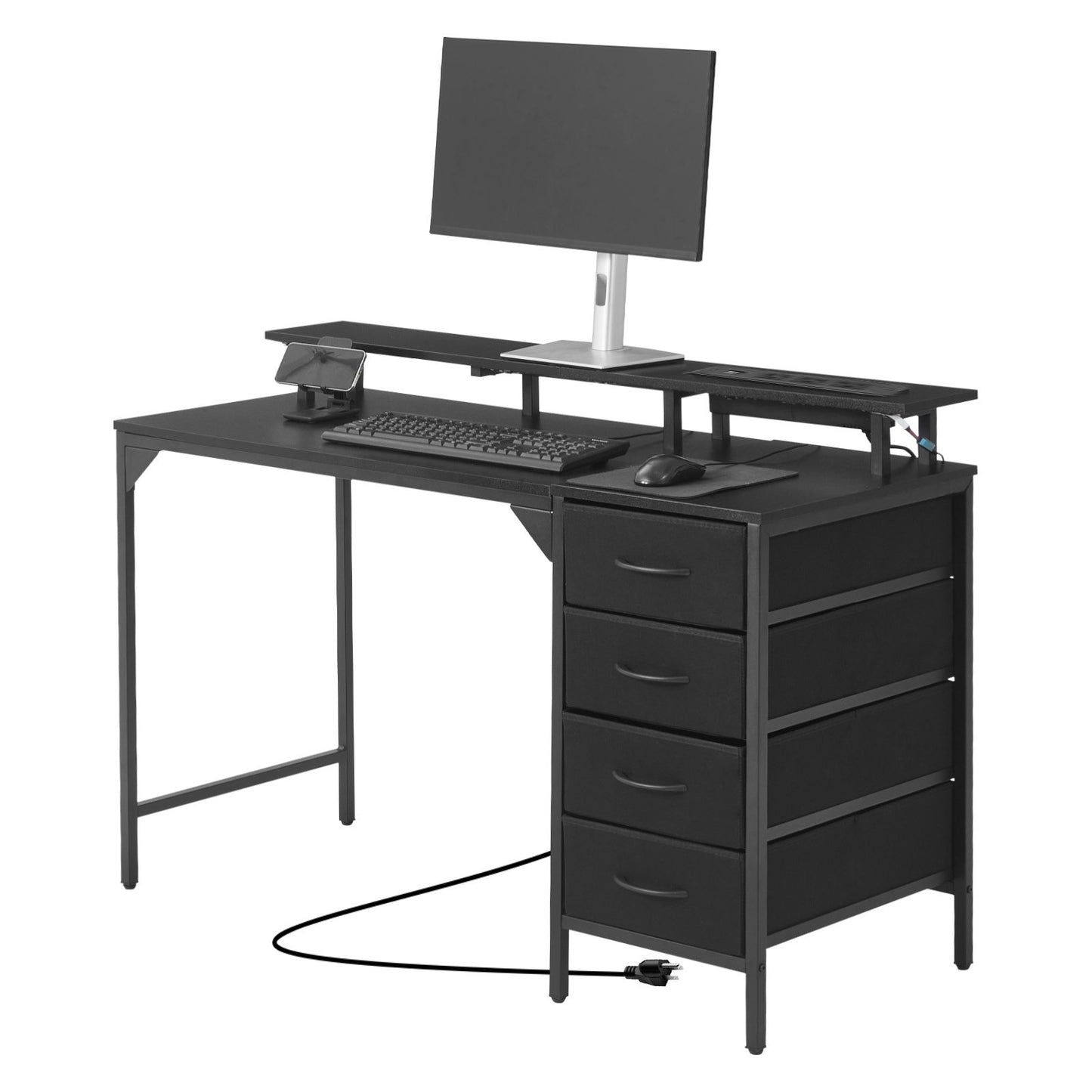 47" Computer Desk with LED Lights & Power Outlets, Gaming Table with 4 Large Drawers, Office Desk with Monitor Stand, Study Work Home Office, Small Spaces, Black
