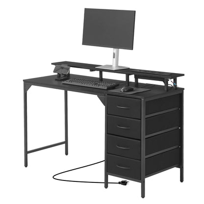 47" Computer Desk with LED Lights & Power Outlets, Gaming Table with 4 Large Drawers, Office Desk with Monitor Stand, Study Work Home Office, Small Spaces, Black
