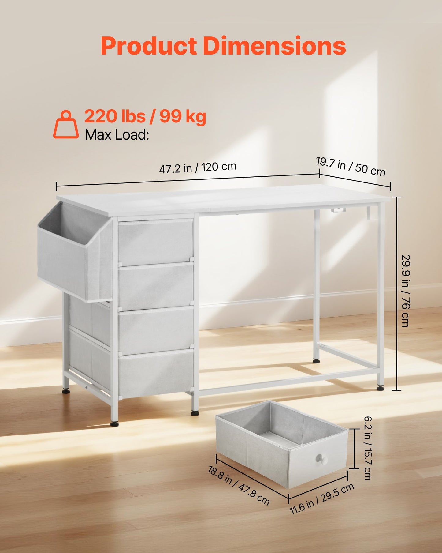Computer Desk with Fabric Drawers, 47 Inch Reversible Study Work Writing Desk for Modern Home Office Bedroom, Simple Modern Cute PC Table Metal Frame Business Furniture, White