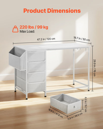 Computer Desk with Fabric Drawers, 47 Inch Reversible Study Work Writing Desk for Modern Home Office Bedroom, Simple Modern Cute PC Table Metal Frame Business Furniture, White