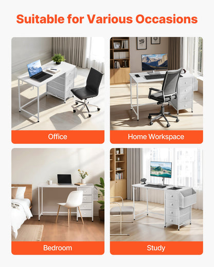 Computer Desk with Fabric Drawers, 47 Inch Reversible Study Work Writing Desk for Modern Home Office Bedroom, Simple Modern Cute PC Table Metal Frame Business Furniture, White