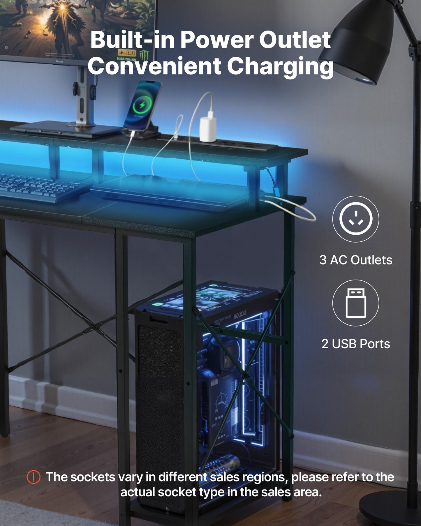 47" Gaming Desk with LED Lights & Power Outlets, Computer Desk with Monitor Stand & 2-Tier Storage Sheves, Study Work for Home Office, Black