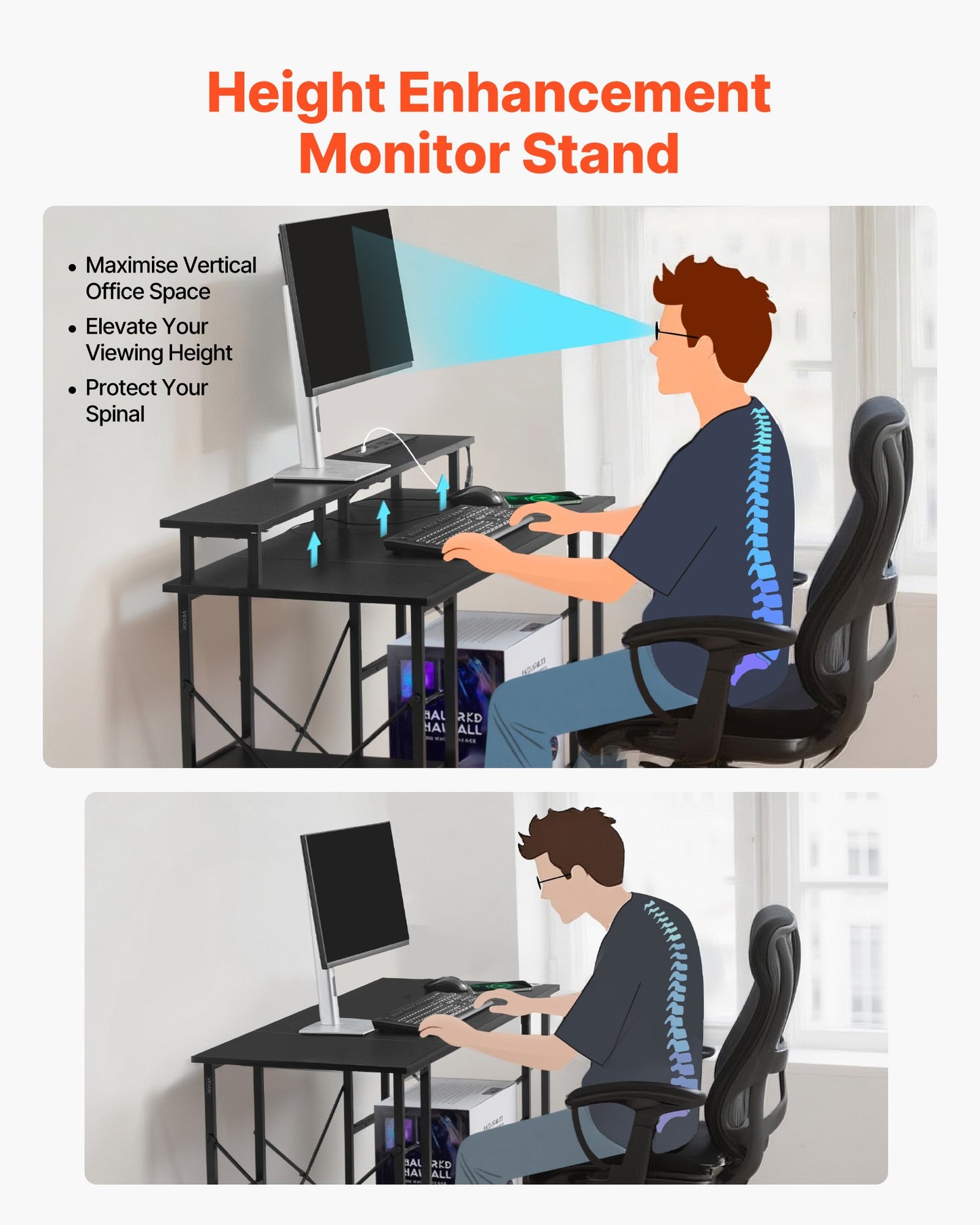 47" Gaming Desk with LED Lights & Power Outlets, Computer Desk with Monitor Stand & 2-Tier Storage Sheves, Study Work for Home Office, Black