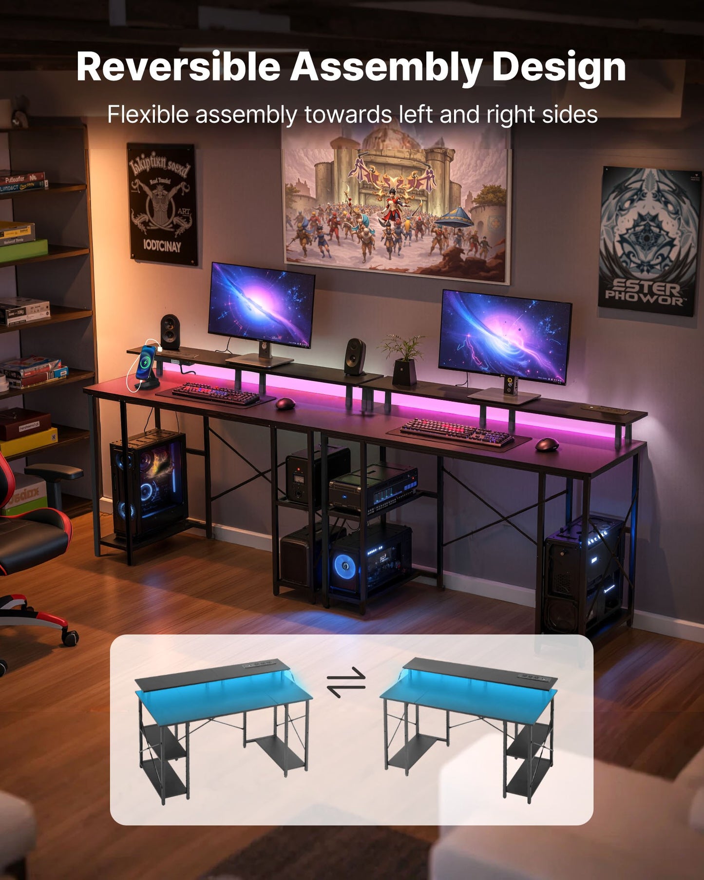 47" Gaming Desk with LED Lights & Power Outlets, Computer Desk with Monitor Stand & 2-Tier Storage Sheves, Study Work for Home Office, Black