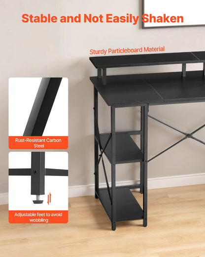 47" Gaming Desk with LED Lights & Power Outlets, Computer Desk with Monitor Stand & 2-Tier Storage Sheves, Study Work for Home Office, Black