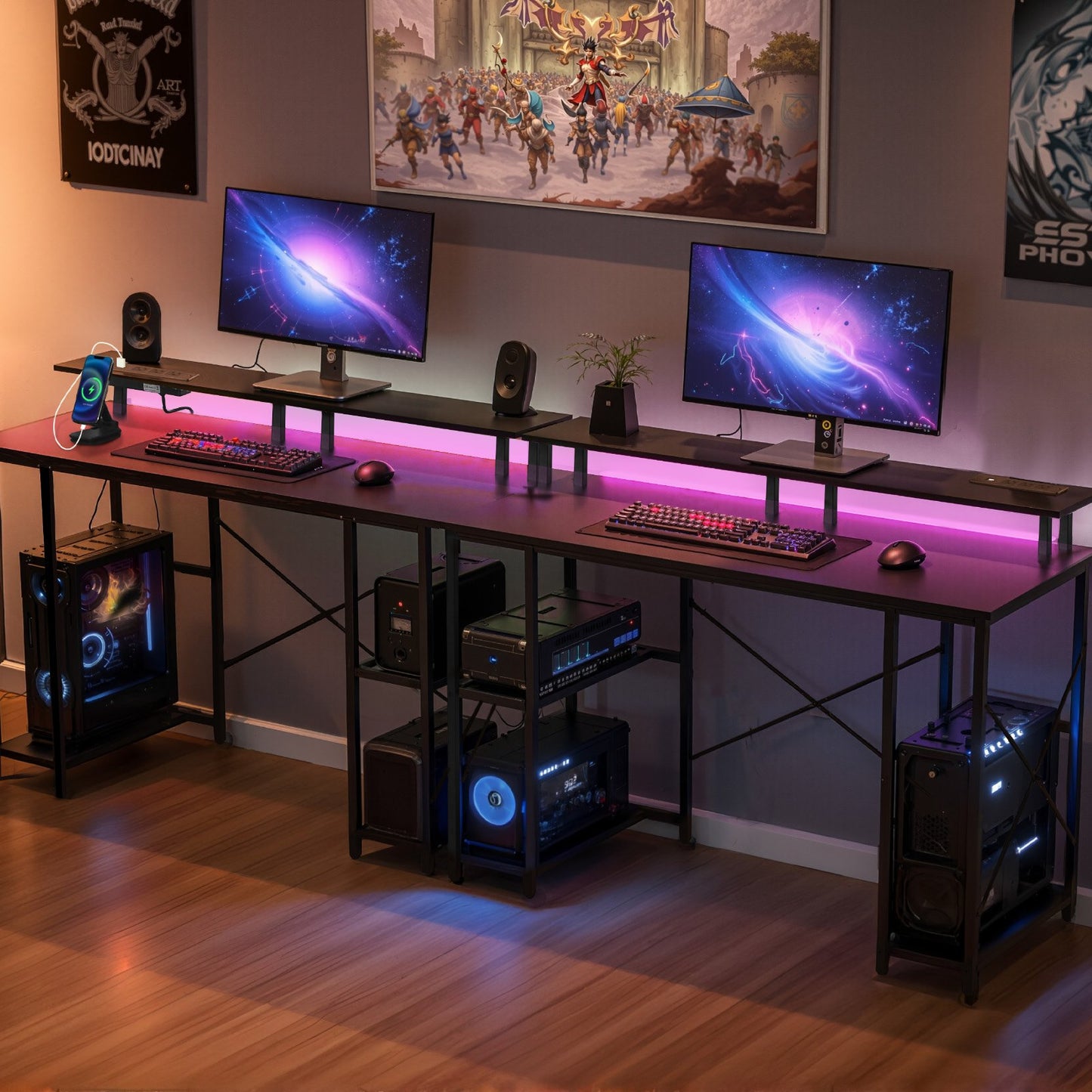 47" Gaming Desk with LED Lights & Power Outlets, Computer Desk with Monitor Stand & 2-Tier Storage Sheves, Study Work for Home Office, Black