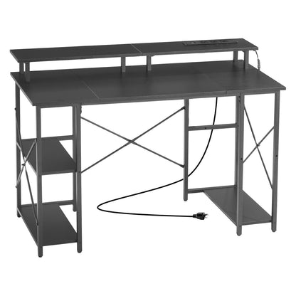 47" Gaming Desk with LED Lights & Power Outlets, Computer Desk with Monitor Stand & 2-Tier Storage Sheves, Study Work for Home Office, Black