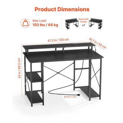 120 cm datorskrivbord med smarta LED-lampor och eluttag, vändbart spelskrivbord med skärmstativ och förvaringshyllor i två nivåer, studiematerial för hemmakontor, svart |  EU