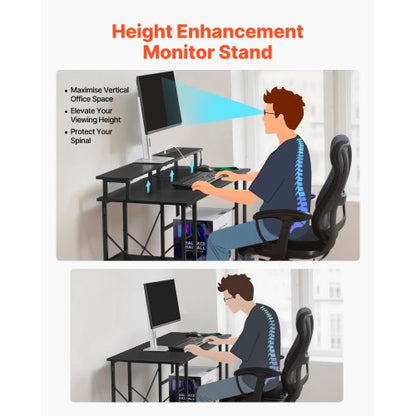 120 cm datorskrivbord med smarta LED-lampor och eluttag, vändbart spelskrivbord med skärmstativ och förvaringshyllor i två nivåer, studiematerial för hemmakontor, svart |  EU