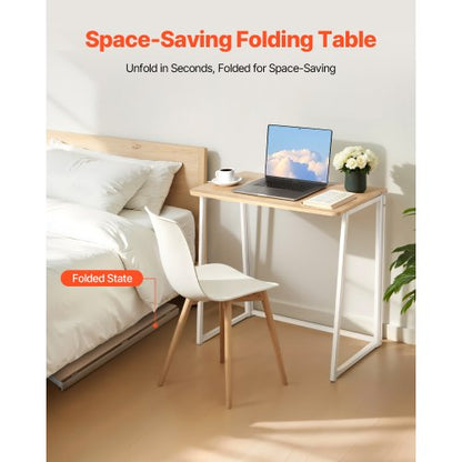 Hopfällbart skrivbord, 80 cm litet hopfällbart bord för kompakta utrymmen, platsbesparande datorbord, robust spånskiva med förvaringskrokar, skrivstation för hemmakontor, enkel montering, ek |  EU