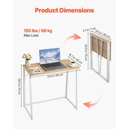 Hopfällbart skrivbord, 80 cm litet hopfällbart bord för kompakta utrymmen, platsbesparande datorbord, robust spånskiva med förvaringskrokar, skrivstation för hemmakontor, enkel montering, ek |  EU