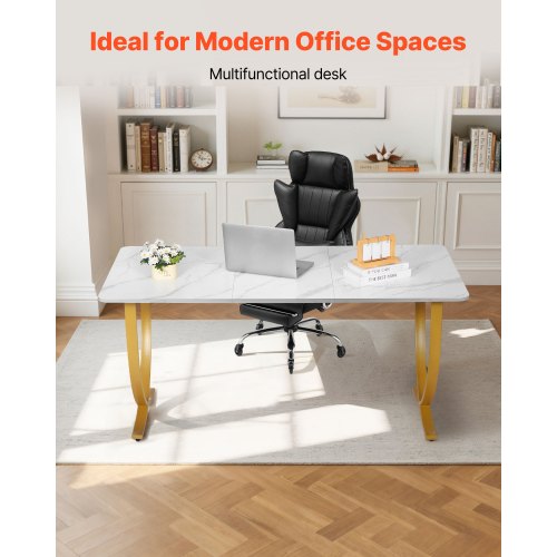 Executive Desk, 160 cm B x 80 cm D Stort kontorsskrivbord, Modernt datorbord Konferensbord Mötesrumsbord, Kontorsmöbler Förstorat skrivbord för hemmakontor, Vitt och guld |  EU