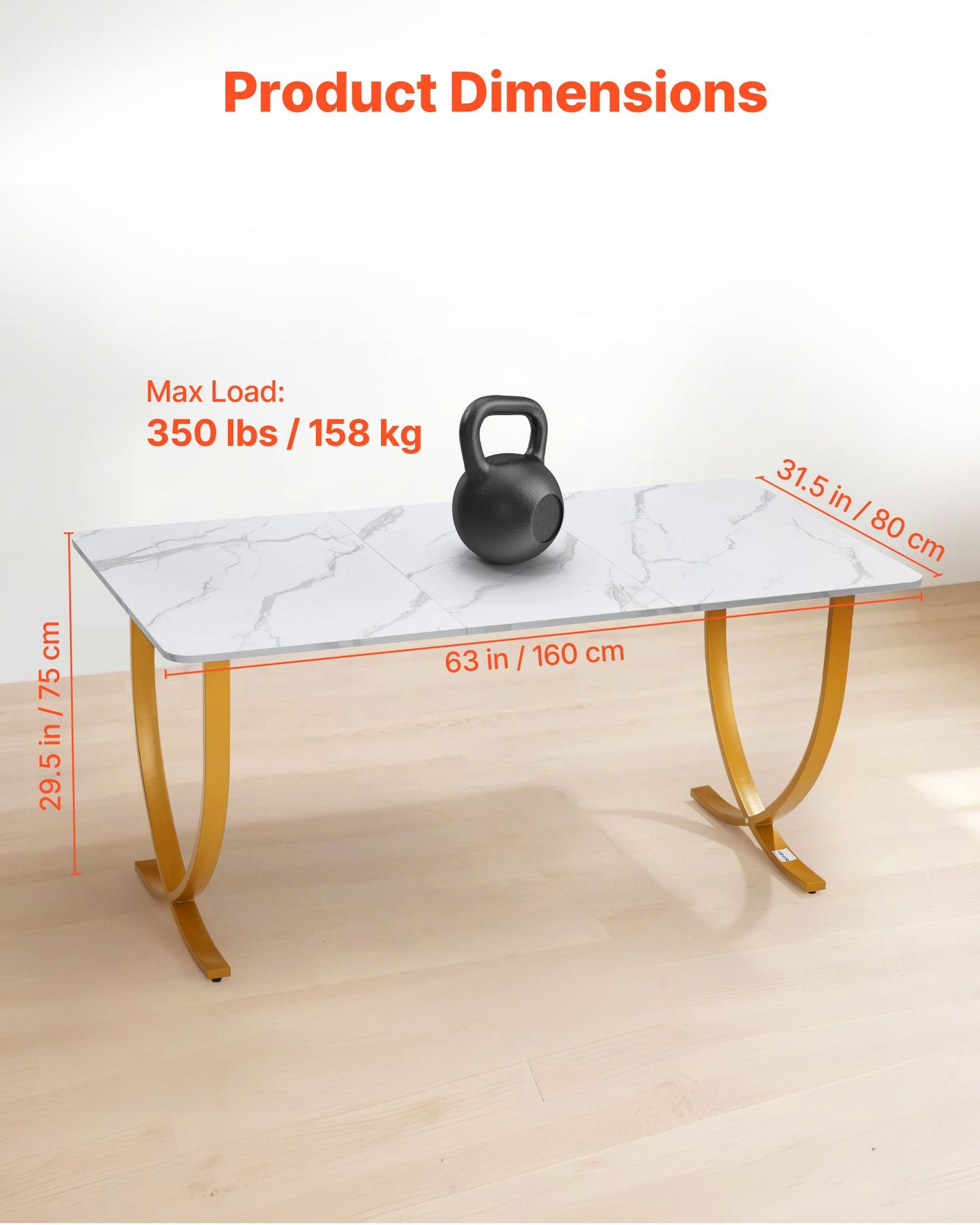 Executive Desk, 63" W x 31.5" D Large Office Desk, Modern Computer Table Conference Meeting Room Table, Business Furniture Enlarged Desktop for Home Office, White and Gold