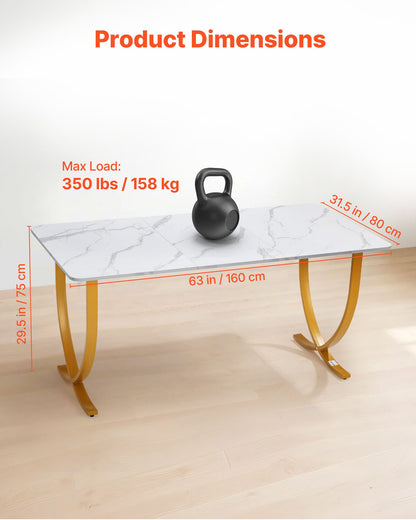 Executive Desk, 63" W x 31.5" D Large Office Desk, Modern Computer Table Conference Meeting Room Table, Business Furniture Enlarged Desktop for Home Office, White and Gold