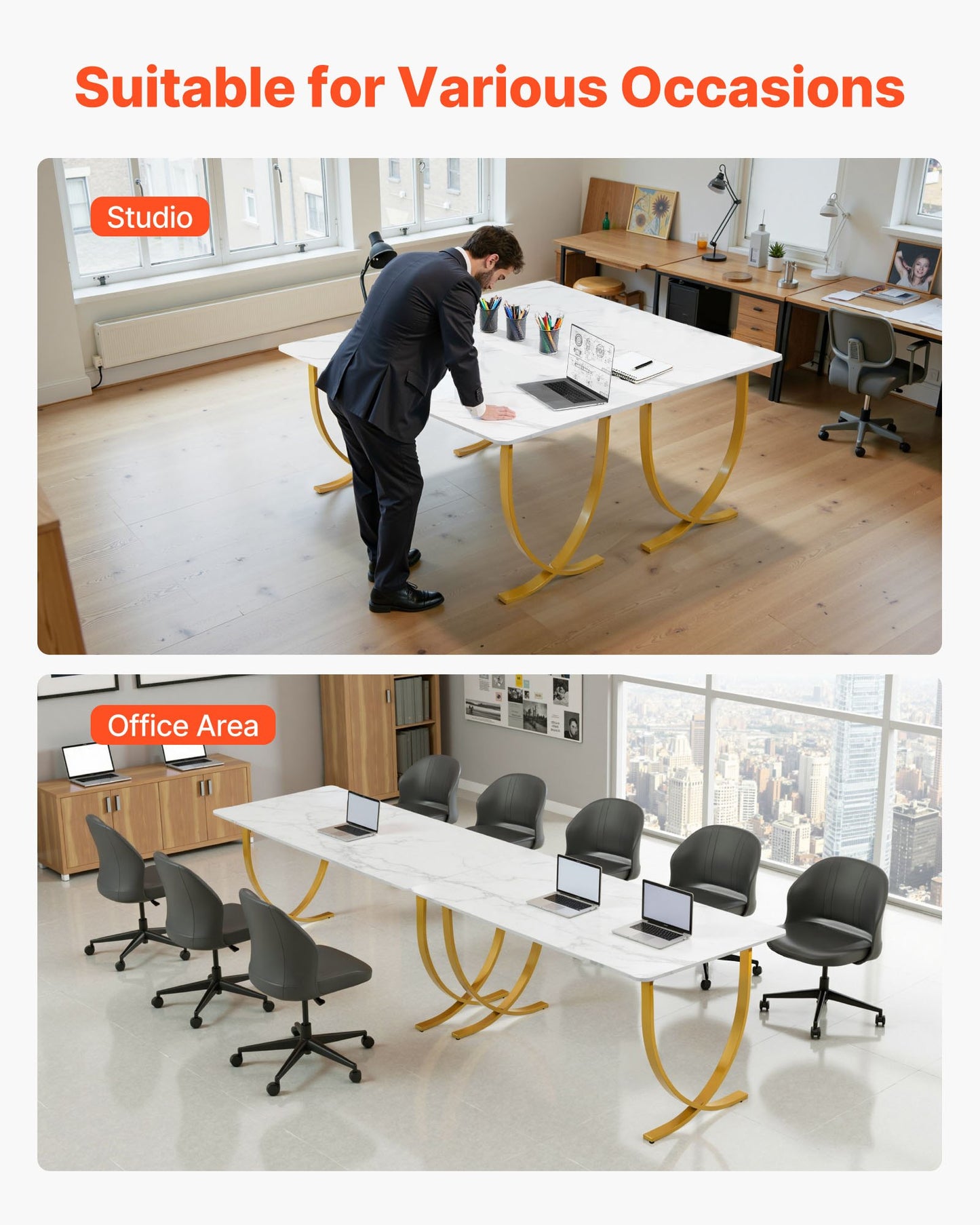 Executive Desk, 63" W x 31.5" D Large Office Desk, Modern Computer Table Conference Meeting Room Table, Business Furniture Enlarged Desktop for Home Office, White and Gold