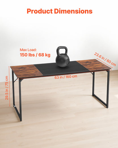 Computer Desk, 63 Inch Office Gaming Desk for Home Office, Writing Study Work Modern Simple Table with Metal Frame for Large Legroom, Rustic Brown and Black