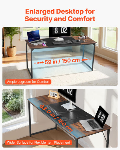 Computer Desk, 63 Inch Office Gaming Desk for Home Office, Writing Study Work Modern Simple Table with Metal Frame for Large Legroom, Rustic Brown and Black