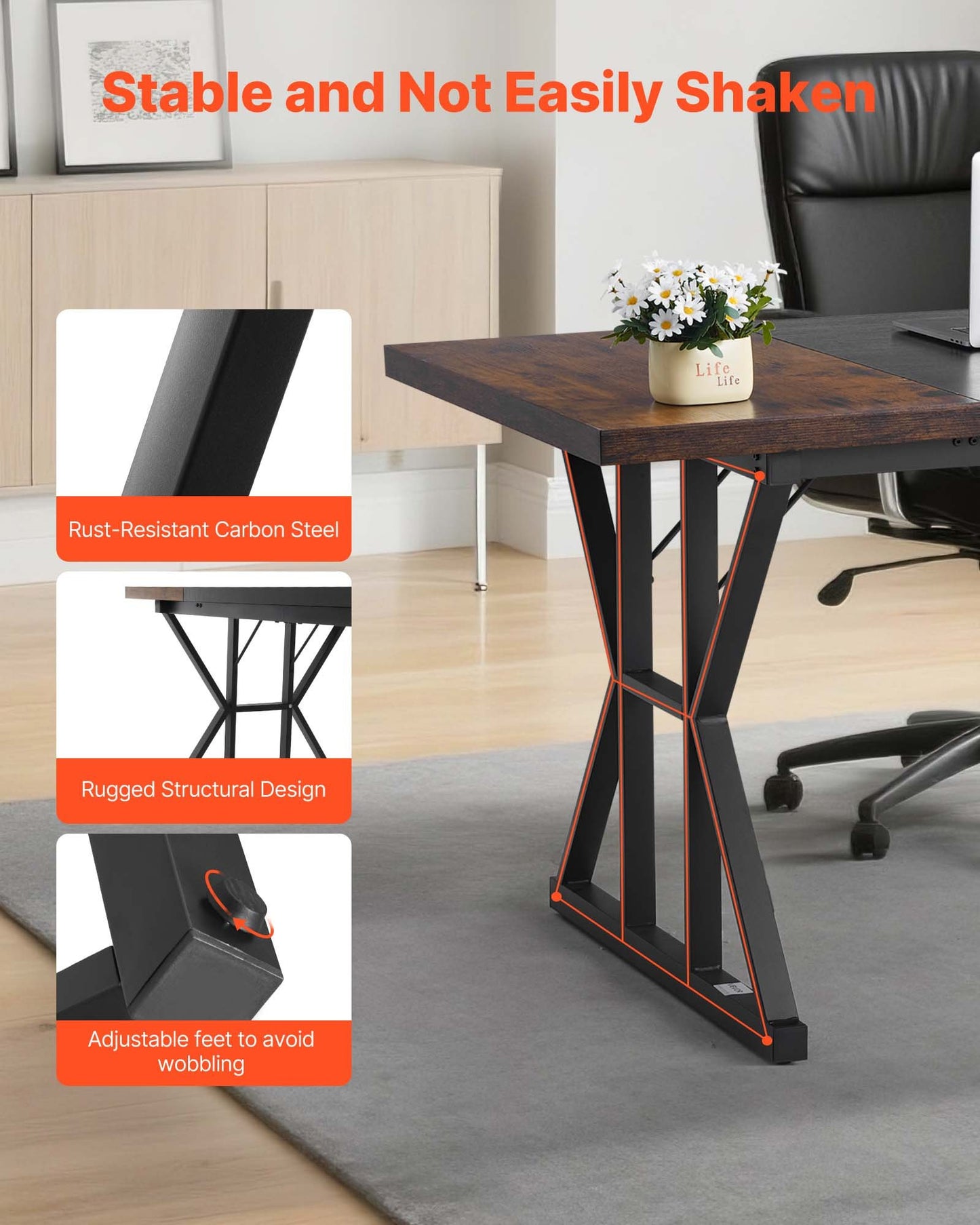 Executive Desk 70.9 x 31.5 inch, Large Computer Desk PC Workstation for Home Office, Modern Simple Wood Laptop Study Writing Table Metal Frame Business Furniture, Rustic Brown and Black