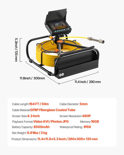 Sewer Camera, 164FT 4.3" Screen, Pipeline Inspection Camera with DVR Function & Snake Cable, Waterproof IP68 Borescope with LED Lights, Industrial Endoscope for Home Wall Duct Drain Pipe Plumbin