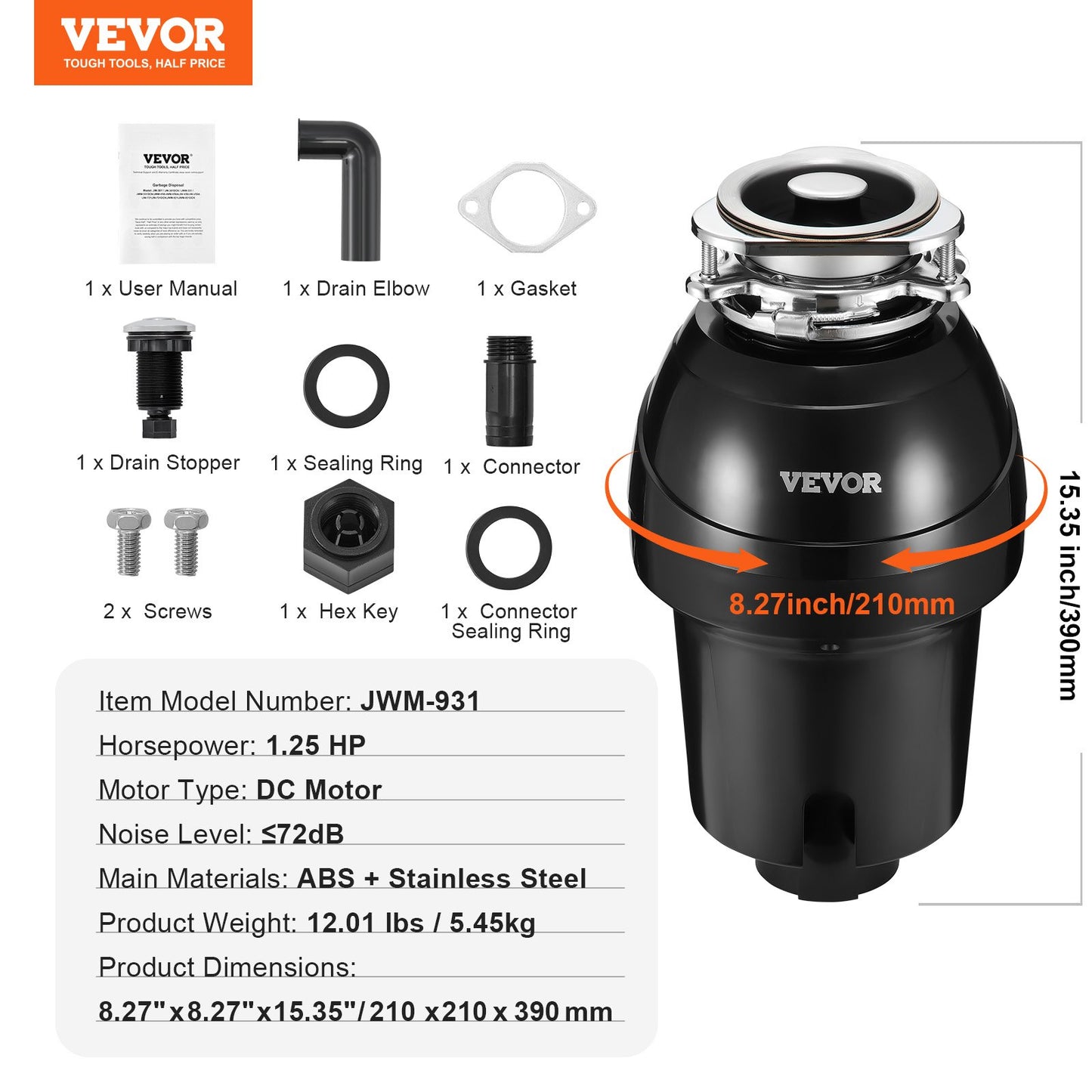 Garbage Disposal, 1.25HP 3360RPM Continuous Feed Food Waste Disposer, EZ Connect Food Waste Grinding System with Sound Reduction, Power Cord & Splash Guard for Kitchen Sinks