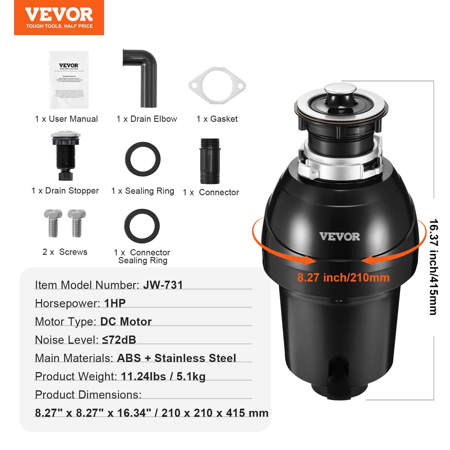 Garbage Disposal, 1HP 3270RPM Continuous Feed Food Waste Disposer, EZ Connect Food Waste Grinding System with Sound Reduction, Power Cord & Splash Guard for Kitchen Sinks