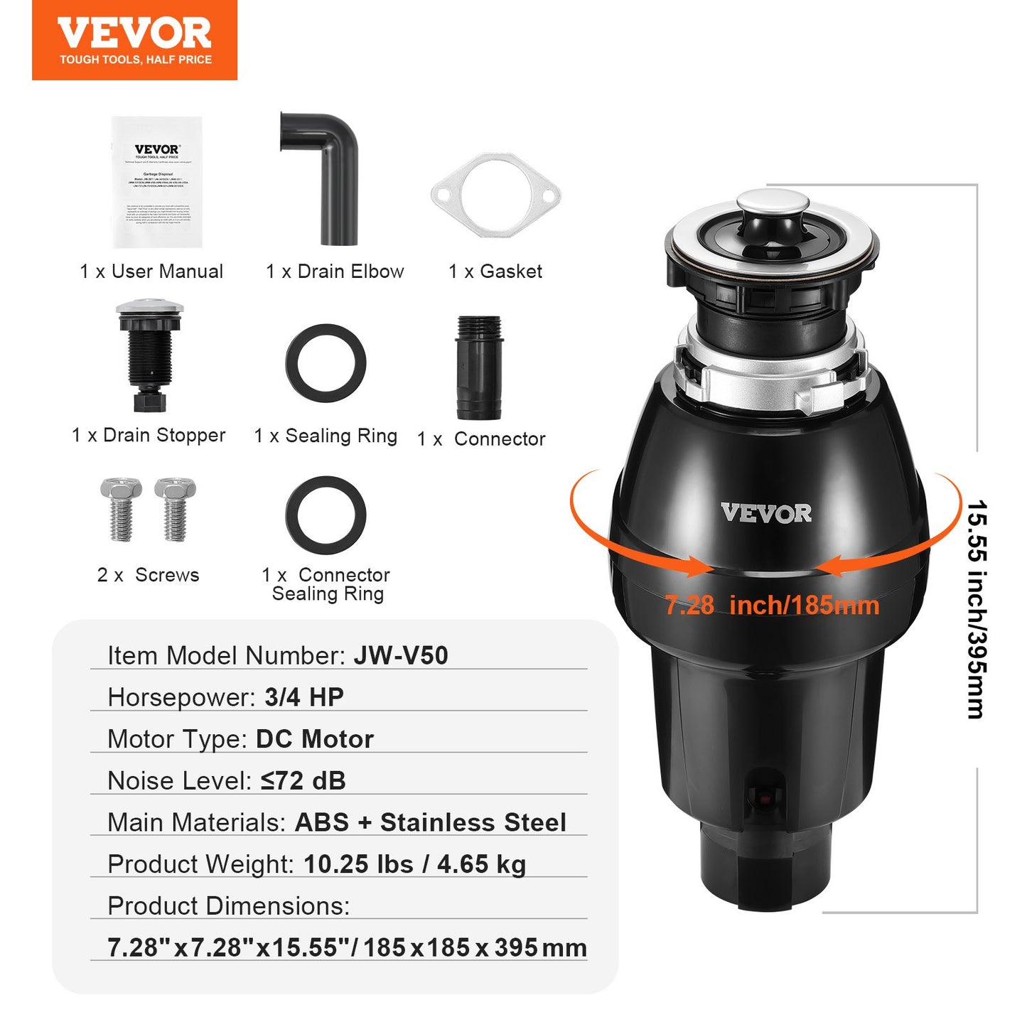 Garbage Disposal, 3/4HP 3250RPM Continuous Feed Food Waste Disposer, EZ Connect Food Waste Grinding System with Sound Reduction, Power Cord & Splash Guard for Kitchen Sinks