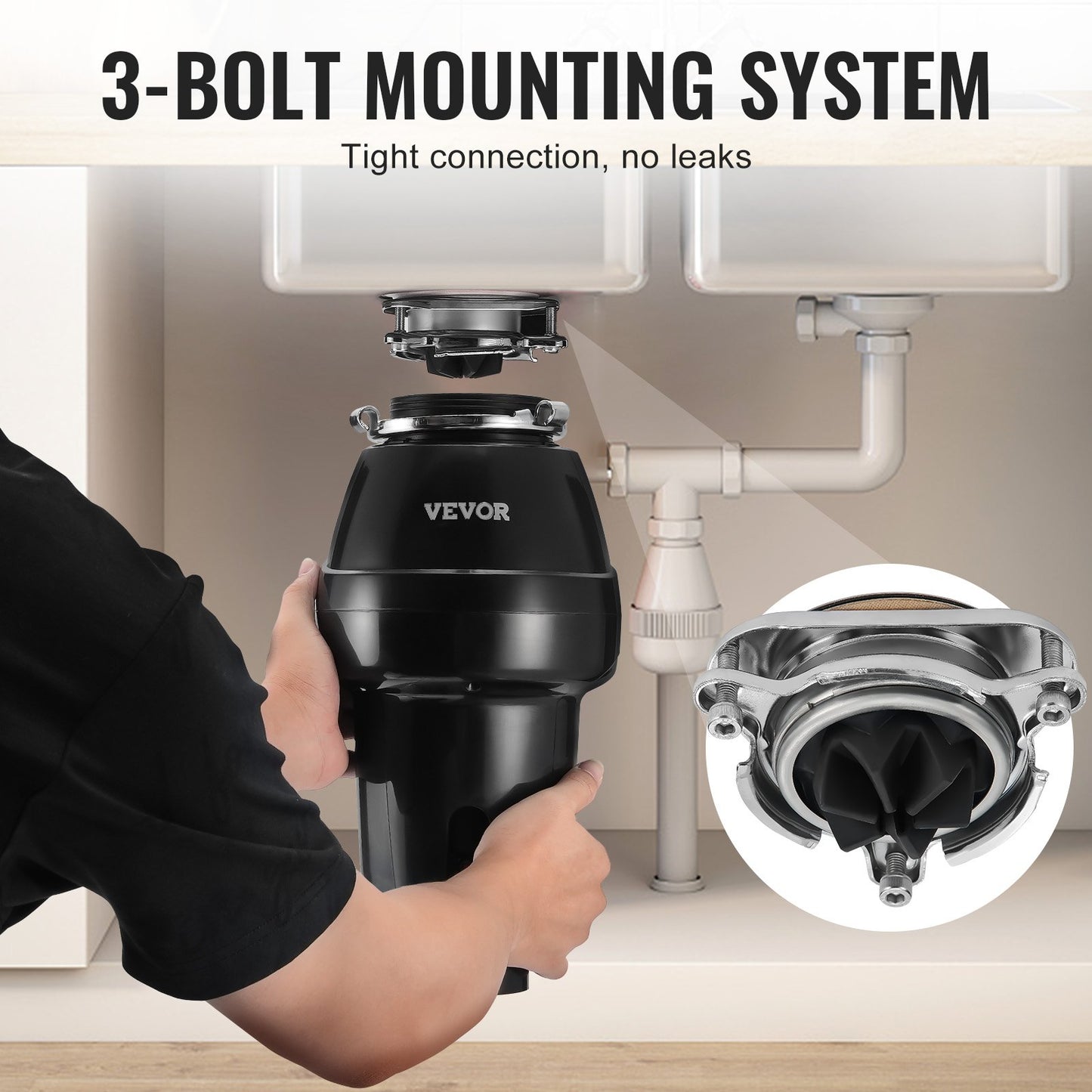 Garbage Disposal, 3/4 HP 3260RPM Continuous Feed Food Waste Disposer, 3-Bolt Mount Food Waste Grinding System with Sound Reduction, Power Cord & Splash Guard for Kitchen Sinks